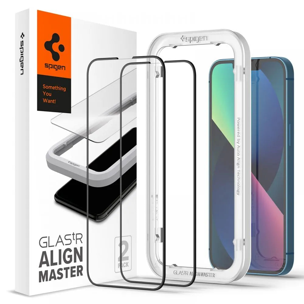 Spigen Alm Glass FC rinkinys iš 2 vnt. – Grūdintas stiklas, skirtas iPhone 17e / 16e / 14 / 13 / 13 Pro, 2 vnt. (juodi rėmeliai)