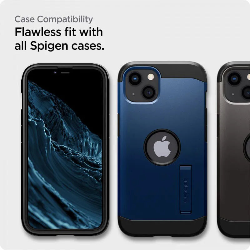 Spigen Alm Glass FC rinkinys iš 2 vnt. – Grūdintas stiklas, skirtas iPhone 17e / 16e / 14 / 13 / 13 Pro, 2 vnt. (juodi rėmeliai)
