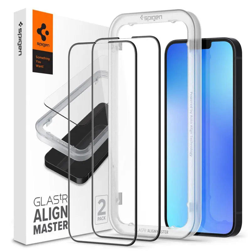 Spigen Alm Glass FC rinkinys iš 2 vnt. – Grūdintas stiklas, skirtas iPhone 17e / 16e / 14 / 13 / 13 Pro, 2 vnt. (juodi rėmeliai)
