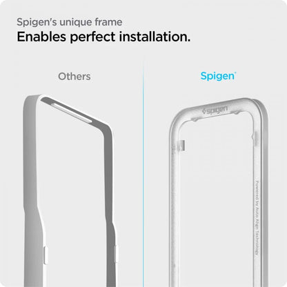 Spigen Alm Glass FC rinkinys iš 2 vnt. – Grūdintas stiklas, skirtas iPhone 17e / 16e / 14 / 13 / 13 Pro, 2 vnt. (juodi rėmeliai)