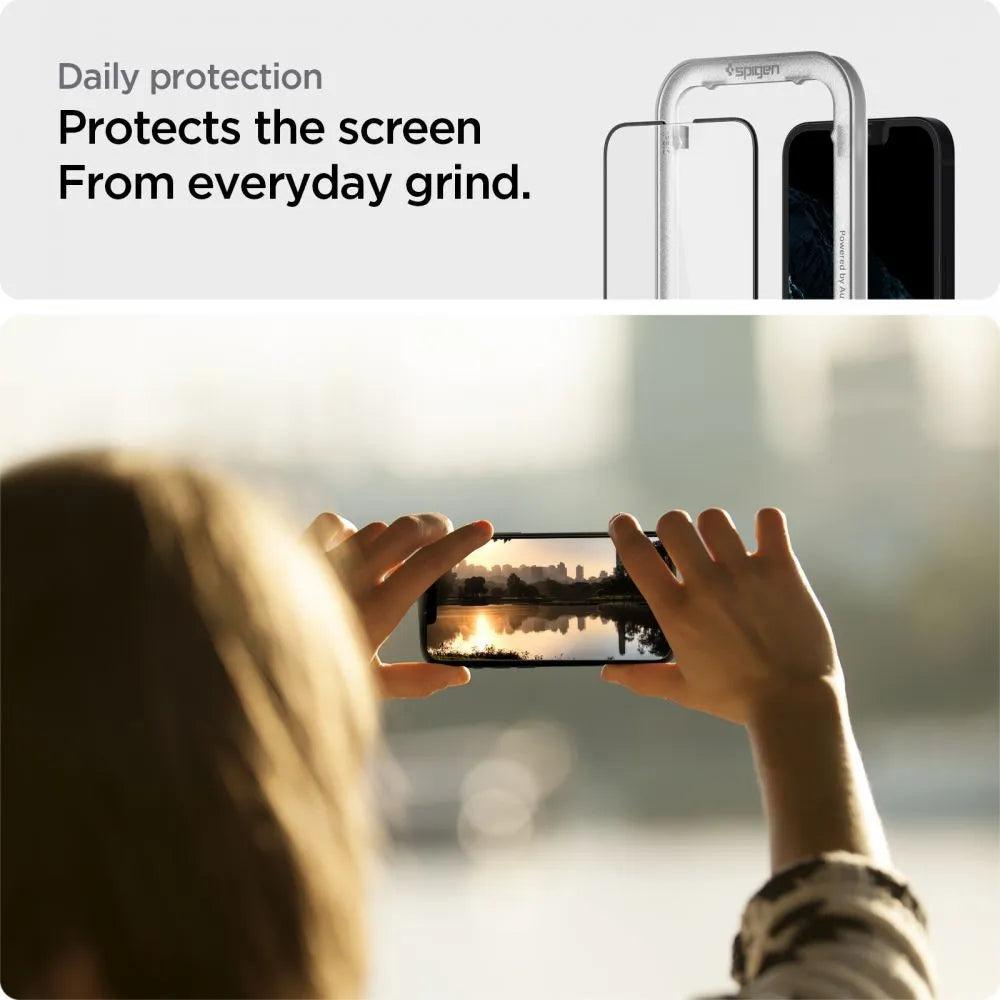 Spigen Alm Glass FC rinkinys iš 2 vnt. – Grūdintas stiklas, skirtas iPhone 17e / 16e / 14 / 13 / 13 Pro, 2 vnt. (juodi rėmeliai)