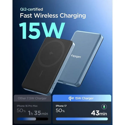 Spigen EA2205MQ Essential – „MagSafe“ išorinė baterija, 5000 mAh, 22,5 W, „Qi2“ (žalsvai melsva)