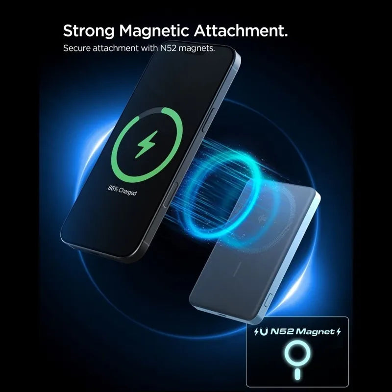 Spigen EA2205MQ Essential – „MagSafe“ išorinė baterija, 5000 mAh, 22,5 W, „Qi2“ (žalsvai melsva)