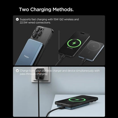 Spigen EA2205MQ Essential – „MagSafe“ išorinė baterija, 5000 mAh, 22,5 W, „Qi2“ (žalsvai melsva)