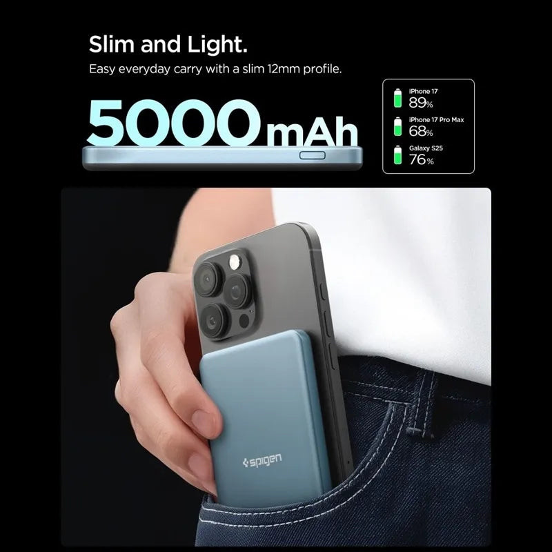 Spigen EA2205MQ Essential – „MagSafe“ išorinė baterija, 5000 mAh, 22,5 W, „Qi2“ (žalsvai melsva)