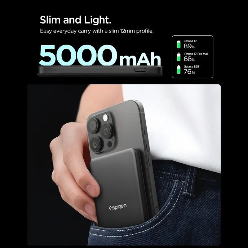 Spigen EA2205MQ Essential – „MagSafe“ maitinimo blokas 5000 mAh 22,5 W Qi2 (juodas)
