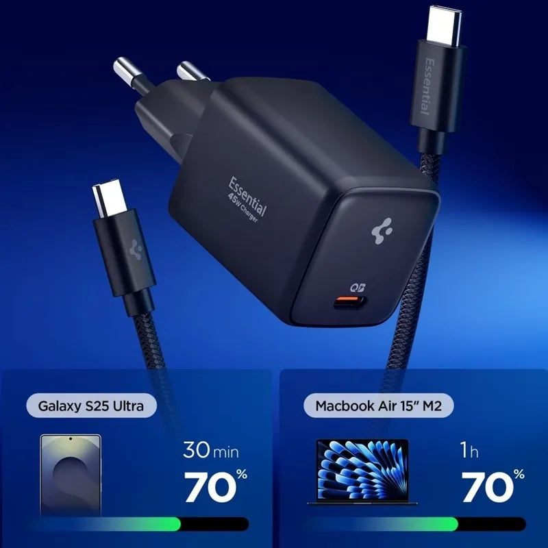 Spigen EE451EU Essential GaN Pro – USB-C PD PPS 45W sieninis įkroviklis + 1 m USB-C laidas (juodas)