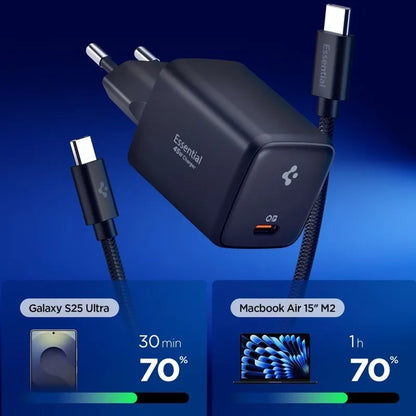 Spigen EE451EU Essential GaN Pro – USB-C PD PPS 45W sieninis įkroviklis + 1 m USB-C laidas (juodas)