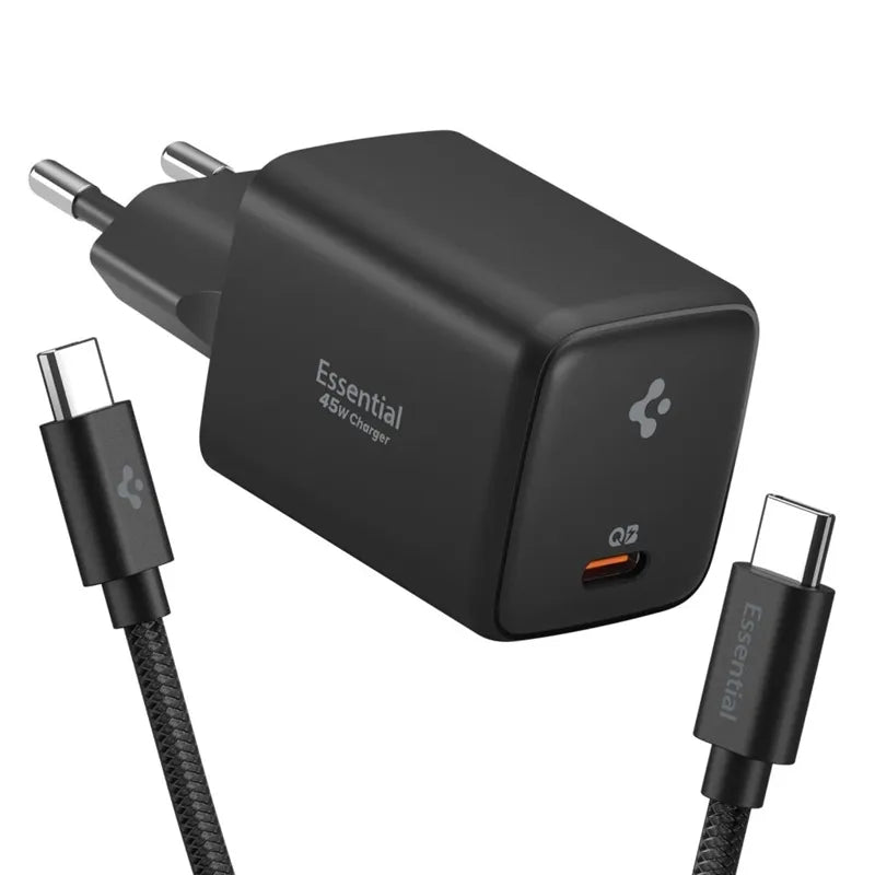 Spigen EE451EU Essential GaN Pro – USB-C PD PPS 45W sieninis įkroviklis + 1 m USB-C laidas (juodas)
