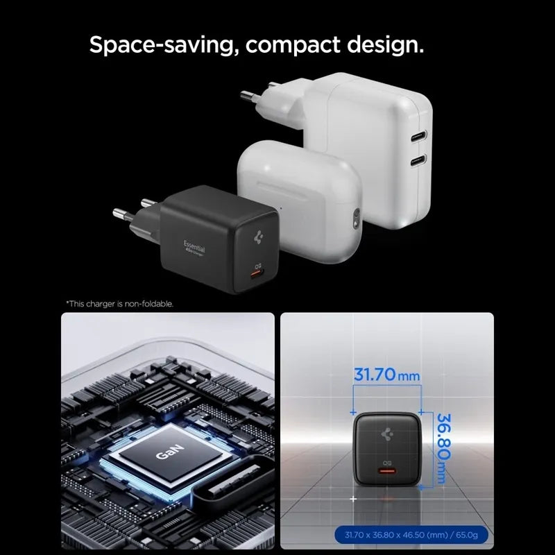 Spigen EE451EU Essential GaN Pro – USB-C PD PPS 45W sieninis įkroviklis + 1 m USB-C laidas (juodas)