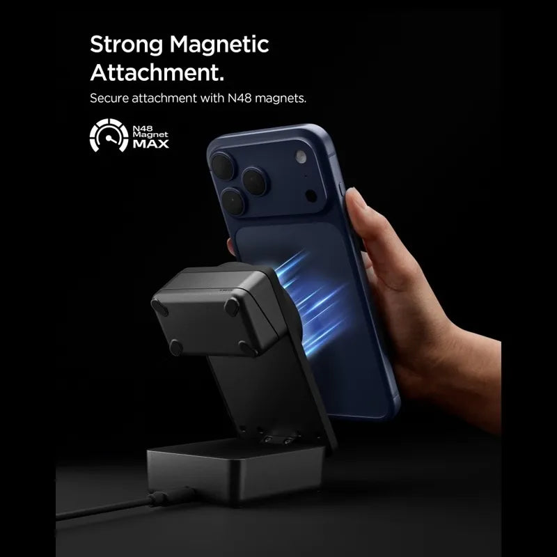 Spigen EF323MQ Essential – „MagSafe“ 3-in-1 belaidis įkroviklis, skirtas iPhone, AirPods ir Apple Watch, 25 W, Qi 2.2 (juodas)