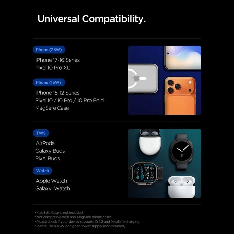 Spigen EF323MQ Essential – „MagSafe“ 3-in-1 belaidis įkroviklis, skirtas iPhone, AirPods ir Apple Watch, 25 W, Qi 2.2 (juodas)