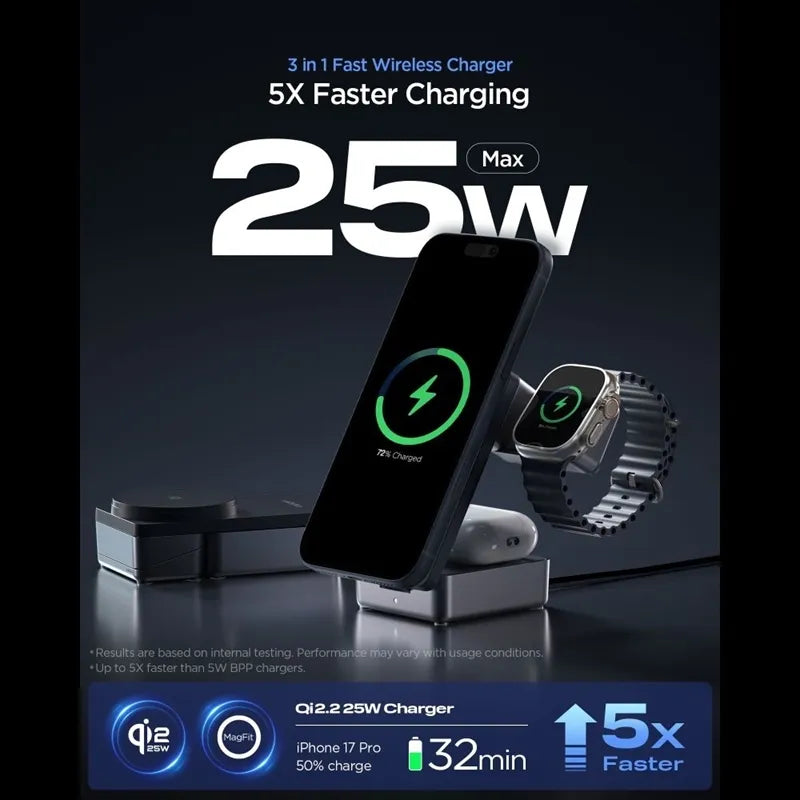 Spigen EF323MQ Essential – „MagSafe“ 3-in-1 belaidis įkroviklis, skirtas iPhone, AirPods ir Apple Watch, 25 W, Qi 2.2 (juodas)