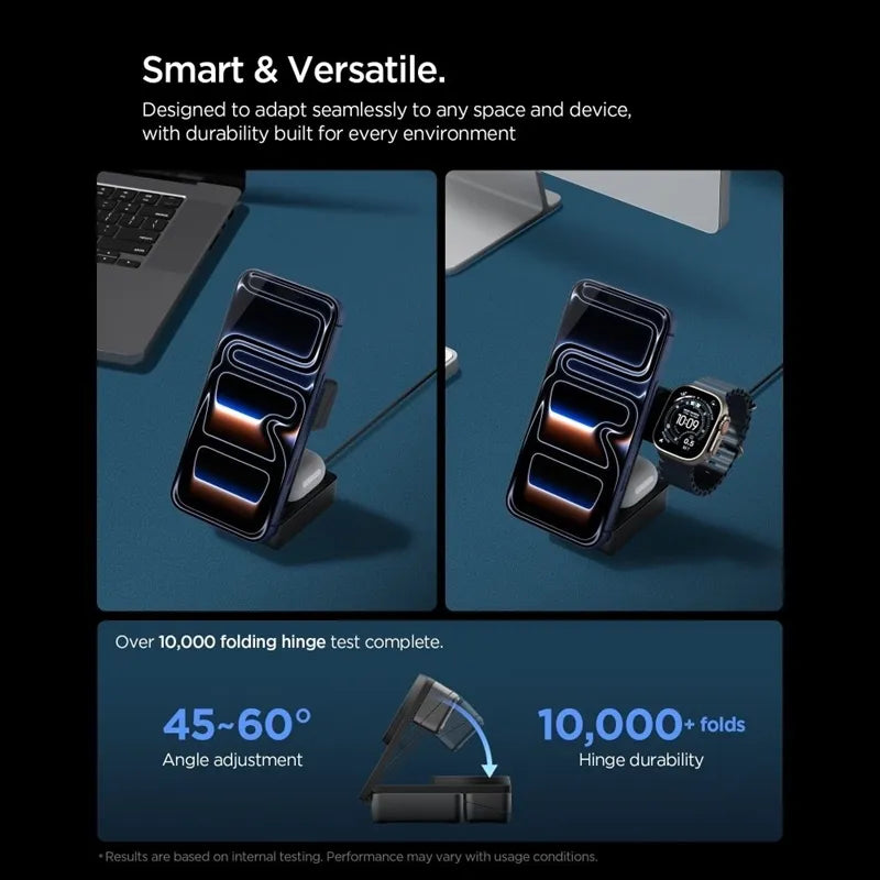Spigen EF323MQ Essential – „MagSafe“ 3-in-1 belaidis įkroviklis, skirtas iPhone, AirPods ir Apple Watch, 25 W, Qi 2.2 (juodas)
