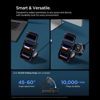 Spigen EF323MQ Essential – „MagSafe“ 3-in-1 belaidis įkroviklis, skirtas iPhone, AirPods ir Apple Watch, 25 W, Qi 2.2 (juodas)