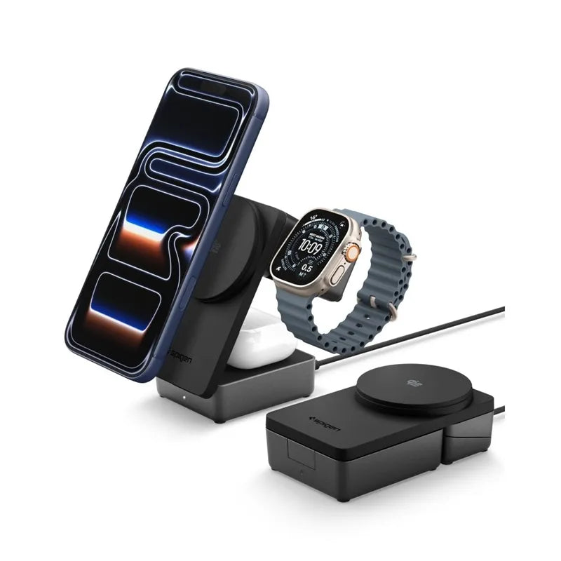 Spigen EF323MQ Essential – „MagSafe“ 3-in-1 belaidis įkroviklis, skirtas iPhone, AirPods ir Apple Watch, 25 W, Qi 2.2 (juodas)
