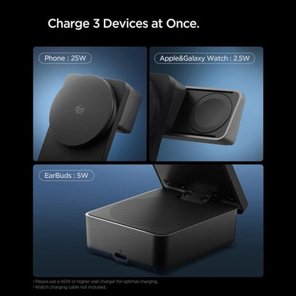 Spigen EF323MQ Essential – „MagSafe“ 3-in-1 belaidis įkroviklis, skirtas iPhone, AirPods ir Apple Watch, 25 W, Qi 2.2 (juodas)