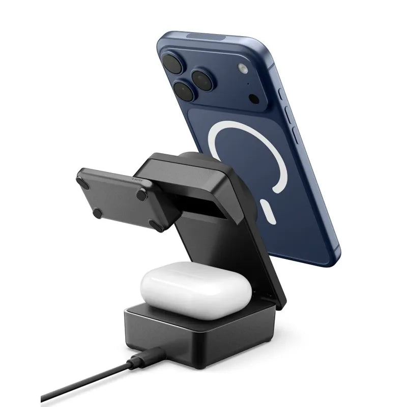 Spigen EF323MQ Essential – „MagSafe“ 3-in-1 belaidis įkroviklis, skirtas iPhone, AirPods ir Apple Watch, 25 W, Qi 2.2 (juodas)