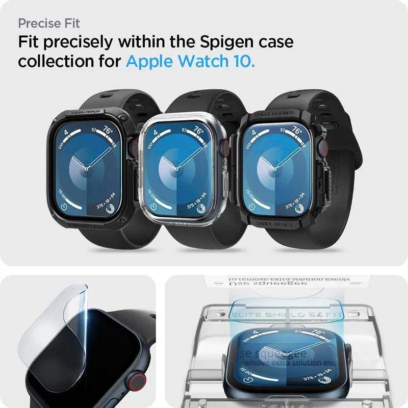 Spigen Elite Shield EZ Fit 2-Pack – hibridinis stiklo ekrano apsaugos rinkinys, skirtas Apple Watch 10 46 mm (skaidrus)