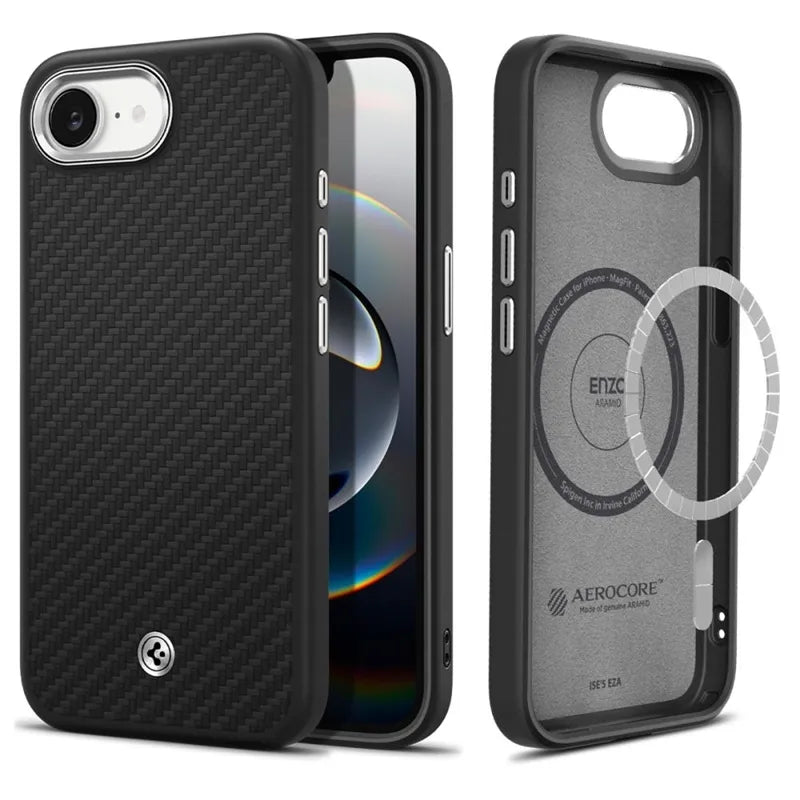 Spigen Enzo Aramid Mag MagSafe dėklas iPhone 17e / 16e (juodas)