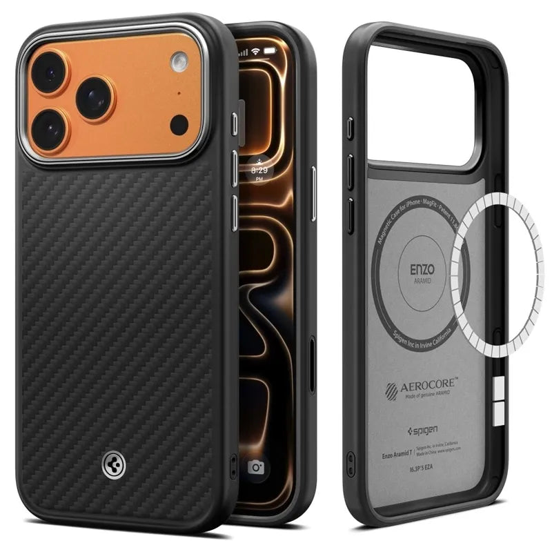 Spigen Enzo Aramid T Mag MagSafe - Dėklas iPhone 17 Pro (Juoda/Sidabrinė)