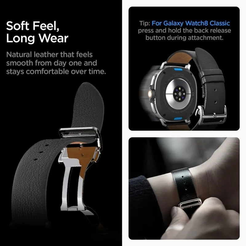 Spigen Enzo - Tikros odos dirželis skirtas Samsung Galaxy Watch 8 / 8 Classic 40 / 44 / 46 mm (Juodas)