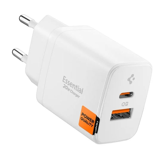 Spigen Essential EE202EU GaN Pro - USB-C + USB-A 20W Sieninis įkroviklis (Baltas)