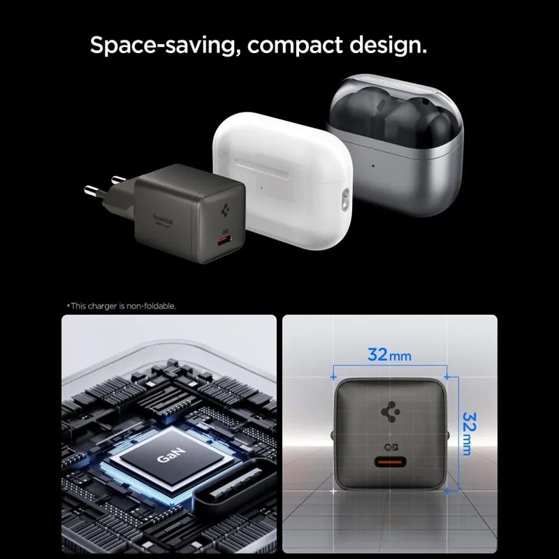 Spigen Essential EE301EU GaN – USB-C PD PPS 30W sieninis įkroviklis (tamsiai pilka spalva)