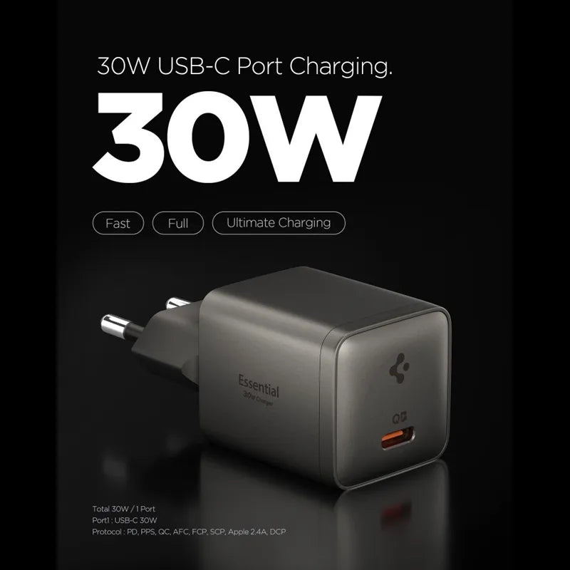Spigen Essential EE301EU GaN – USB-C PD PPS 30W sieninis įkroviklis (tamsiai pilka spalva)