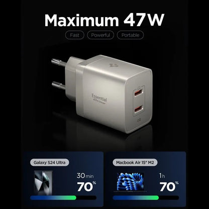 Spigen Essential EE472EU GaN - 2x USB-C PD PPS 47W sieninis įkroviklis (natūralaus titano spalvos)