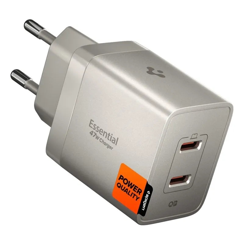 Spigen Essential EE472EU GaN - 2x USB-C PD PPS 47W sieninis įkroviklis (natūralaus titano spalvos)