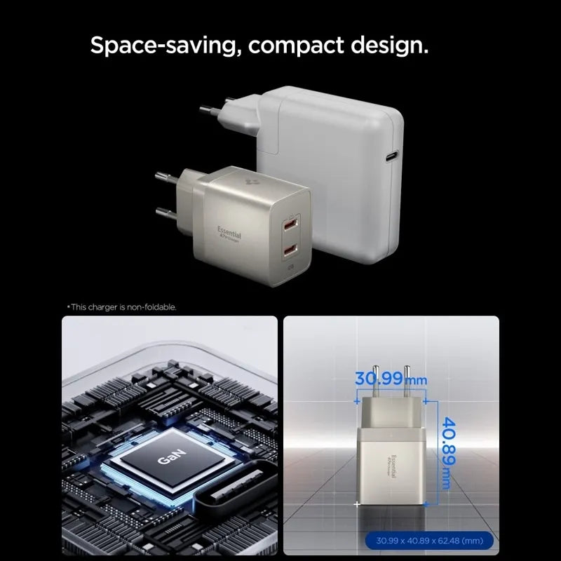 Spigen Essential EE472EU GaN - 2x USB-C PD PPS 47W sieninis įkroviklis (natūralaus titano spalvos)
