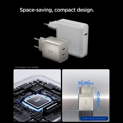 Spigen Essential EE472EU GaN - 2x USB-C PD PPS 47W sieninis įkroviklis (natūralaus titano spalvos)