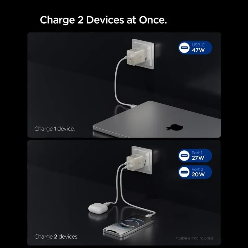 Spigen Essential EE472EU GaN - 2x USB-C PD PPS 47W sieninis įkroviklis (natūralaus titano spalvos)