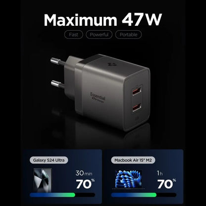 Spigen Essential EE472EU GaN - 2x USB-C PD PPS 47W sieninis įkroviklis (tamsiai pilkas)