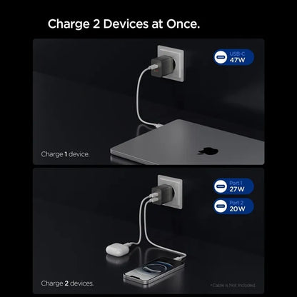 Spigen Essential EE472EU GaN - 2x USB-C PD PPS 47W sieninis įkroviklis (tamsiai pilkas)