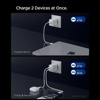 Spigen Essential EE472EU GaN Pro - 2x USB-C 47W Sieninis įkroviklis (Baltas)