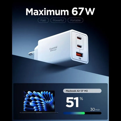 Spigen Essential EE673EU GaN Pro – Sieninis įkroviklis 2x USB-C + USB-A 67W (Baltas)