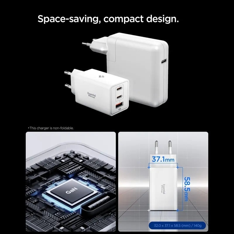Spigen Essential EE673EU GaN Pro – Sieninis įkroviklis 2x USB-C + USB-A 67W (Baltas)