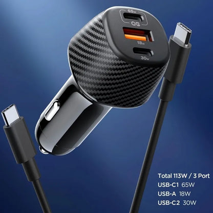 Spigen Essential EV1133 – Automobilinis įkroviklis 2x USB-C PD ir USB-A QC3.0 113W + 100W, USB-C laidas, 1m (juodas)
