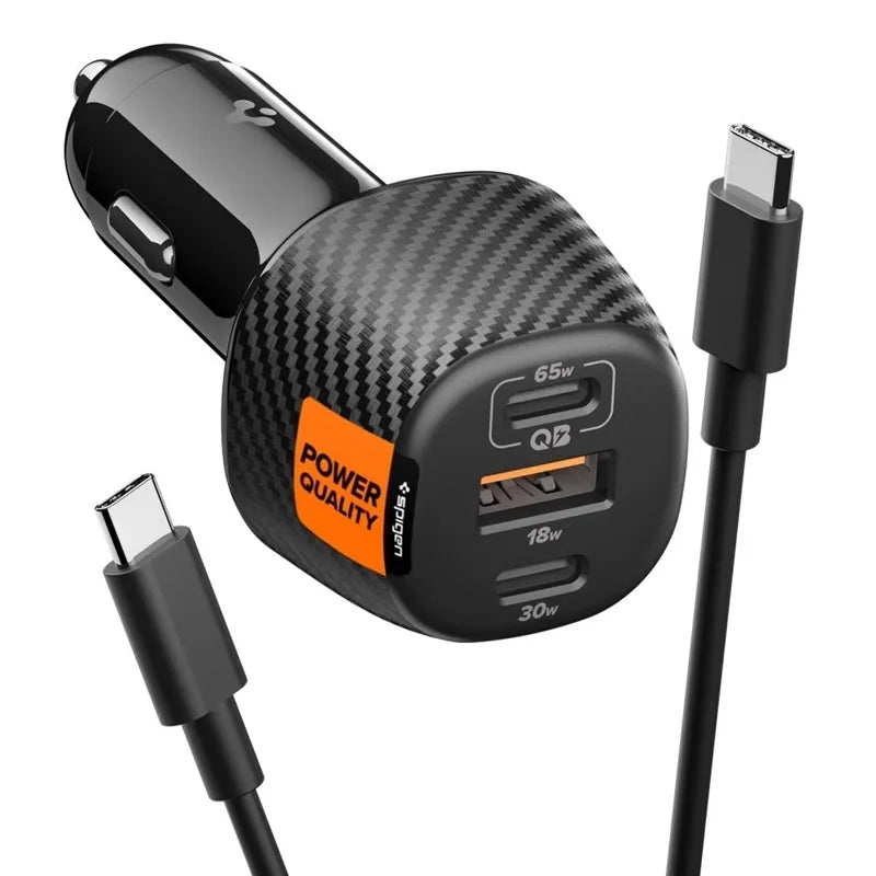 Spigen Essential EV1133 – Automobilinis įkroviklis 2x USB-C PD ir USB-A QC3.0 113W + 100W, USB-C laidas, 1m (juodas)