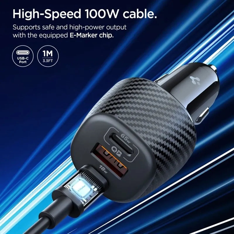 Spigen Essential EV1133 – Automobilinis įkroviklis 2x USB-C PD ir USB-A QC3.0 113W + 100W, USB-C laidas, 1m (juodas)