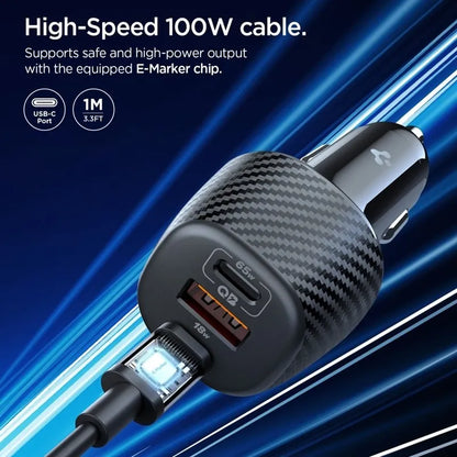 Spigen Essential EV1133 – Automobilinis įkroviklis 2x USB-C PD ir USB-A QC3.0 113W + 100W, USB-C laidas, 1m (juodas)