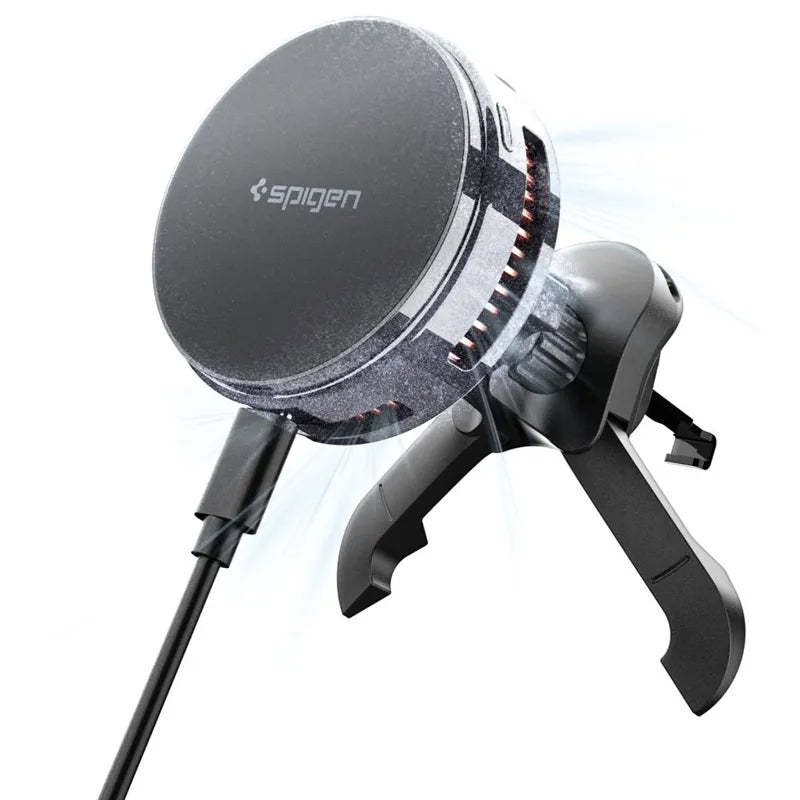 Spigen Essential EV25MFAQ – Magnetinis automobilinis laikiklis su 25W belaidžiu įkrovimu MagSafe Qi2.2 (juodas)