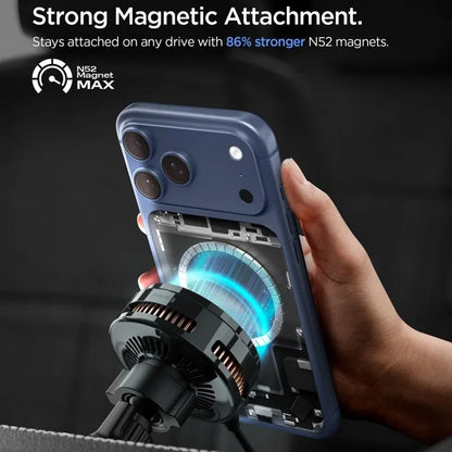 Spigen Essential EV25MFAQ – Magnetinis automobilinis laikiklis su 25W belaidžiu įkrovimu MagSafe Qi2.2 (juodas)