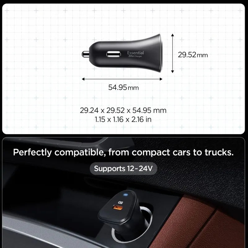 Spigen Essential EV301 - USB-C PD 3.0 PPS 30W automobilinis įkroviklis (juodas)