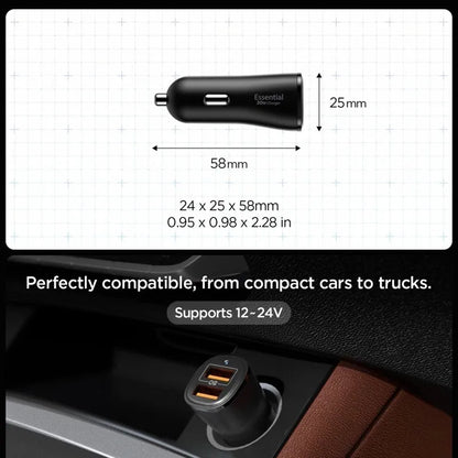 Spigen Essential EV302 – automobilinis įkroviklis 2x USB-A 30W (juodas)