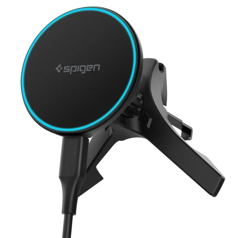 Spigen EV15MAQ Essential - MagSafe 15W Qi2 automobilinis ventiliacijos grotelių laikiklis (juodas)