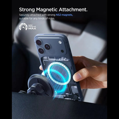 Spigen EV15MAQ Essential - MagSafe 15W Qi2 automobilinis ventiliacijos grotelių laikiklis (juodas)