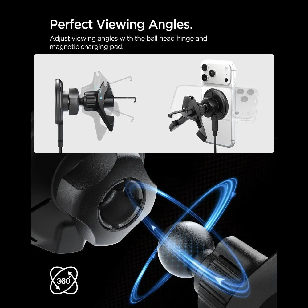 Spigen EV15MAQ Essential - MagSafe 15W Qi2 automobilinis ventiliacijos grotelių laikiklis (juodas)